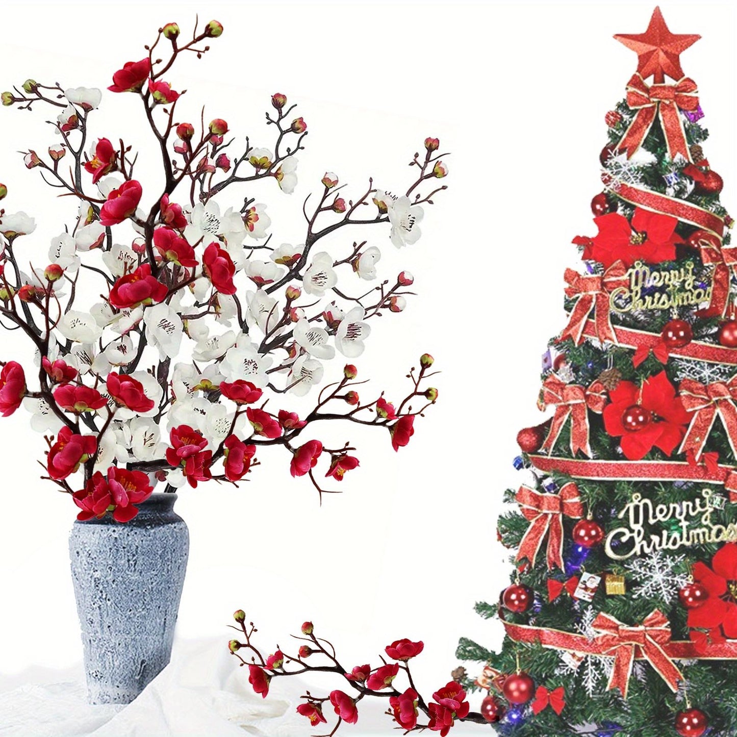 12pcs Tall Artificial Plum Blossom Flowers Branches - Realistic DIY Decor for Christmas, New Year, Spring, and Winter - Perfect for Vase Arrangements, Centerpieces, and Aesthetic Room Decorations