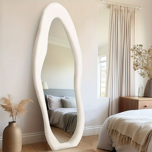 1pc Black Flannel Wrapped Wooden Frame Full Body Mirror, Irregular Full Length Wall Mounted Floor Mirror with Stand for Bedroom Entrance