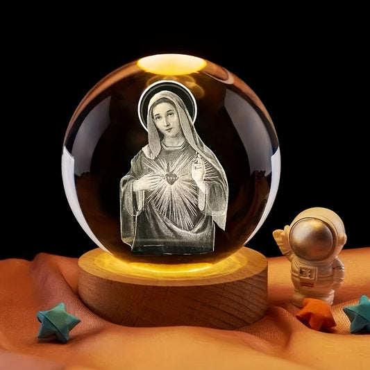 1pc 3D Crystal Ball with Colorful Light Base, Laser Engraved Religious Night Light for Home Decoration, Unique Gift for Women and Friends