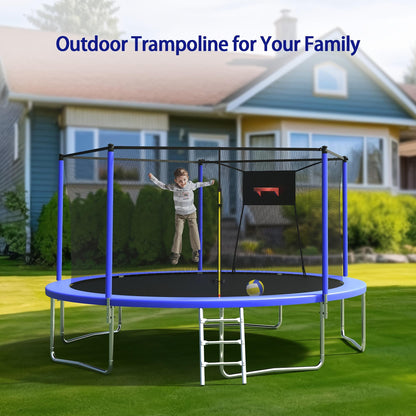 14 FT Outdoor Trampoline Mersco for 3-5 Adults and Kids with Basketball Hoop, Ladder, Enclosure Net, Storage Bag, Blue