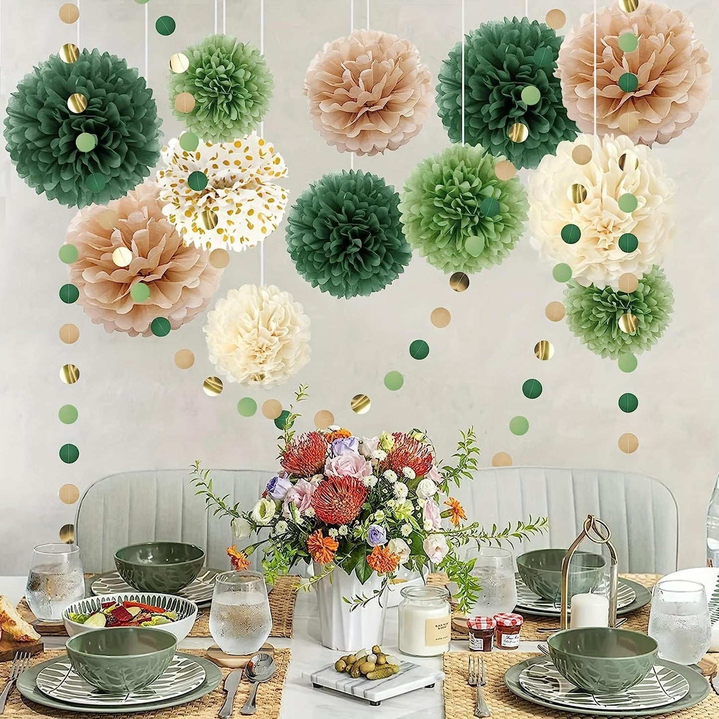 15pcs, Green Tissue Paper Pom Poms Wedding Party Decorations Kit Dots Paper Garland String Hanging Backdrop For Engagement, Rustic Wedding, Neutral Baby Shower