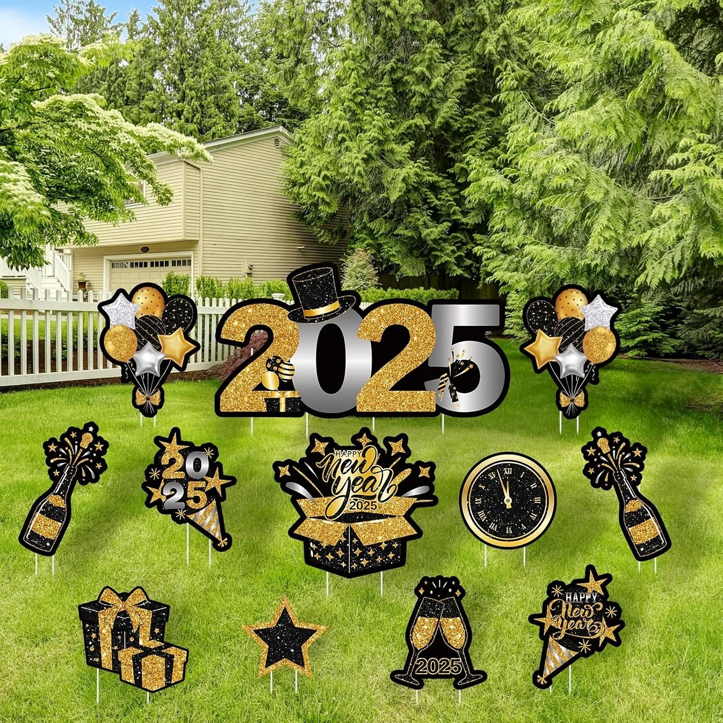 12-Pack 2025 Happy New Year Yard Signs, Golden and Black Plastic Outdoor Decorations with Stakes, No-Electricity Festive Lawn Decor for New Year'S Celebration