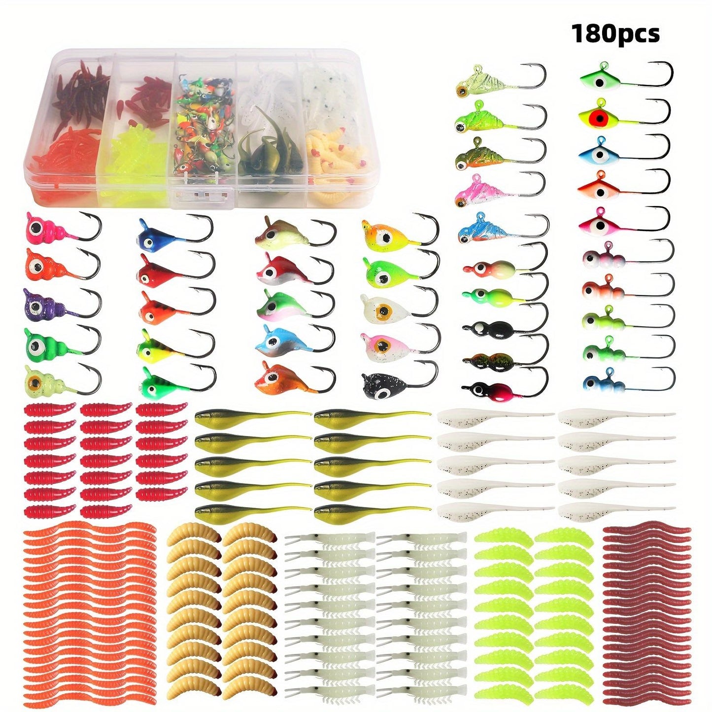 160/180/190pcs Fishing Lure Set, Ice Fishing Hook, Lead Head Hook, Sinking Lure, Soft Bait, Bionic Earth Worm, Fishing Accessories wacky worm