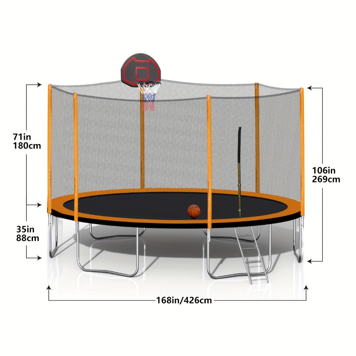 14ft Outdoor Trampoline for Kids and Adults with Safety Enclosure Net and basketball hoop, Orange