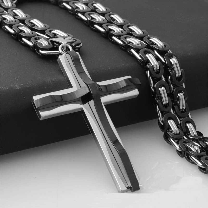 1 Pc Men's Stainless Steel Black Golden Silvery Cross Pendant Necklace - Boys Jewelry with Lord's Prayer Engraving, Heavy Twist Chain and Durable Construction for a Stylish Accessory