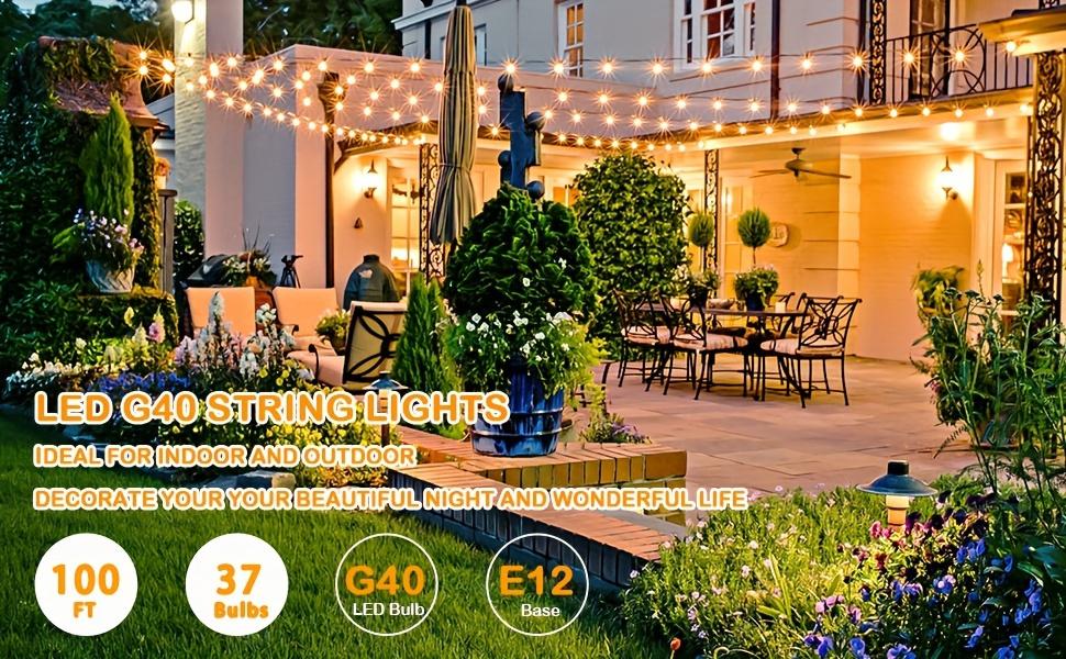 100ft G40 led globe light bulbs, string lights outdoor terrace lamp, shatterproof outdoor patio string lights with 34 + 3 Edison bulbs, backyard hanging bistro light for balcony party wedding Market Cafe, yard, gazebo, deck, porch, christmas 2024 ornament