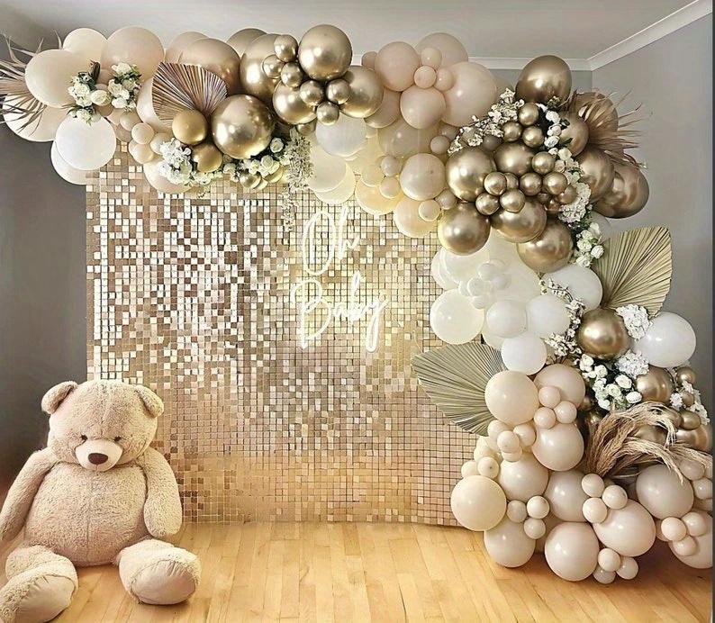 12-Pieces Matte Champagne Golden Square Transparent Shimmer Wall Panel - Glitter Sequin Background For Wedding, Birthday, And New Year Party Decoration