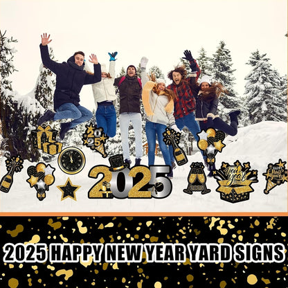 12-Pack 2025 Happy New Year Yard Signs, Golden and Black Plastic Outdoor Decorations with Stakes, No-Electricity Festive Lawn Decor for New Year'S Celebration