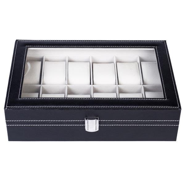 12 Compartments Top-level Opening Style Leather Watch Collection Box Black