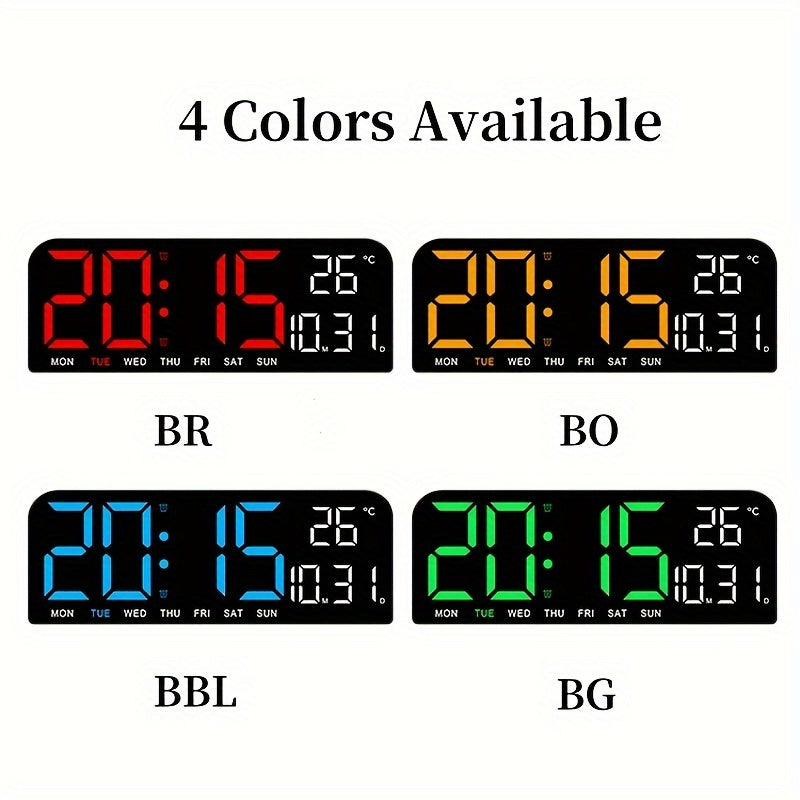 1pc 9 Inch Large Digital Wall Clock with Auto Dimmable 4 Levels Manual Brightness Adjustment, Temperature, Date, Week, Timing Countdown, 2 Alarm, 12/24H LED Display for Home Room Living Room Office Decor (No Battery)