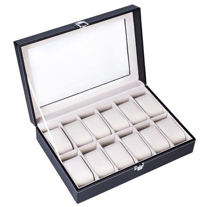 12 Compartments Top-level Opening Style Leather Watch Collection Box Black