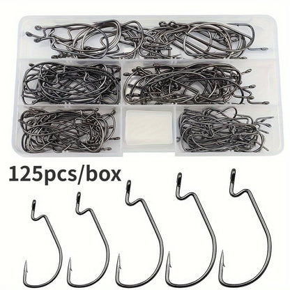 125pcs/box Bass Worm Hooks Offset Fishing Hooks 125pcs Wide Gap Bass Hook for Plastic Worms Bait Jig Fish Hooks