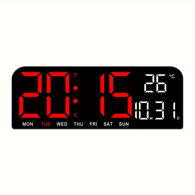 1pc 9 Inch Large Digital Wall Clock with Auto Dimmable 4 Levels Manual Brightness Adjustment, Temperature, Date, Week, Timing Countdown, 2 Alarm, 12/24H LED Display for Home Room Living Room Office Decor (No Battery)