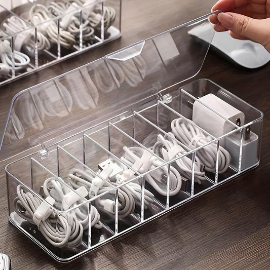 1pc Data Cable Storage Box With Clear Divider, Desktop Cord Organizer With Large Capacity For Power Strip, Chargers, Home Room Supplies