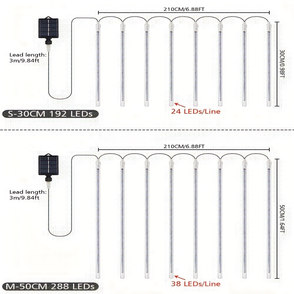 192LED/288LED Solar String Lights, 8 Tubes 1pc Waterproof Solar Meteor Rain Lights, For Tree, Wedding, Christmas, Holiday Party, Patio