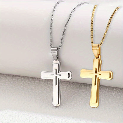 1 Pc-2 Pcs/set Classic Cross Necklace for Men Boy Silvery  Golden Stainless Steel Christ Pendant Necklace  Jewelry gift