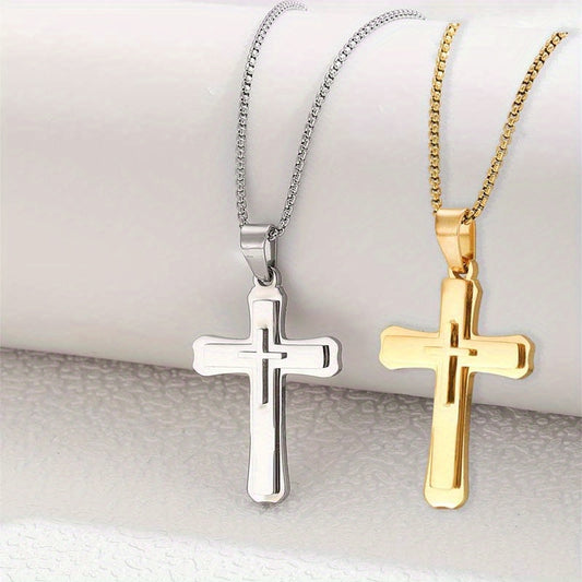 1 Pc-2 Pcs/set Classic Cross Necklace for Men Boy Silvery  Golden Stainless Steel Christ Pendant Necklace  Jewelry gift