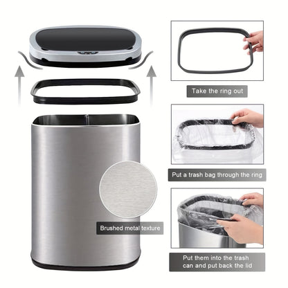 13 Gallon Stainless Steel Automatic Trash Can with Touchless Motion Sensor, Mute Anti-Fingerprint Lid, 50L Waste Bin for Kitchen, Office, Bedroom, Living Room