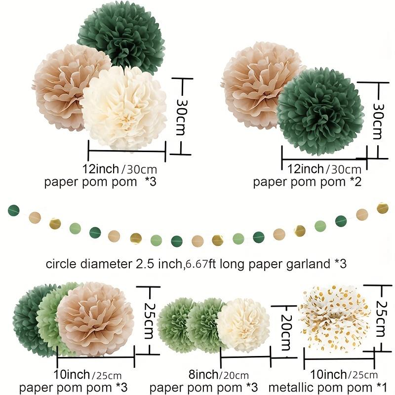 15pcs, Green Tissue Paper Pom Poms Wedding Party Decorations Kit Dots Paper Garland String Hanging Backdrop For Engagement, Rustic Wedding, Neutral Baby Shower