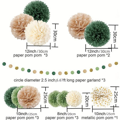 15pcs, Green Tissue Paper Pom Poms Wedding Party Decorations Kit Dots Paper Garland String Hanging Backdrop For Engagement, Rustic Wedding, Neutral Baby Shower