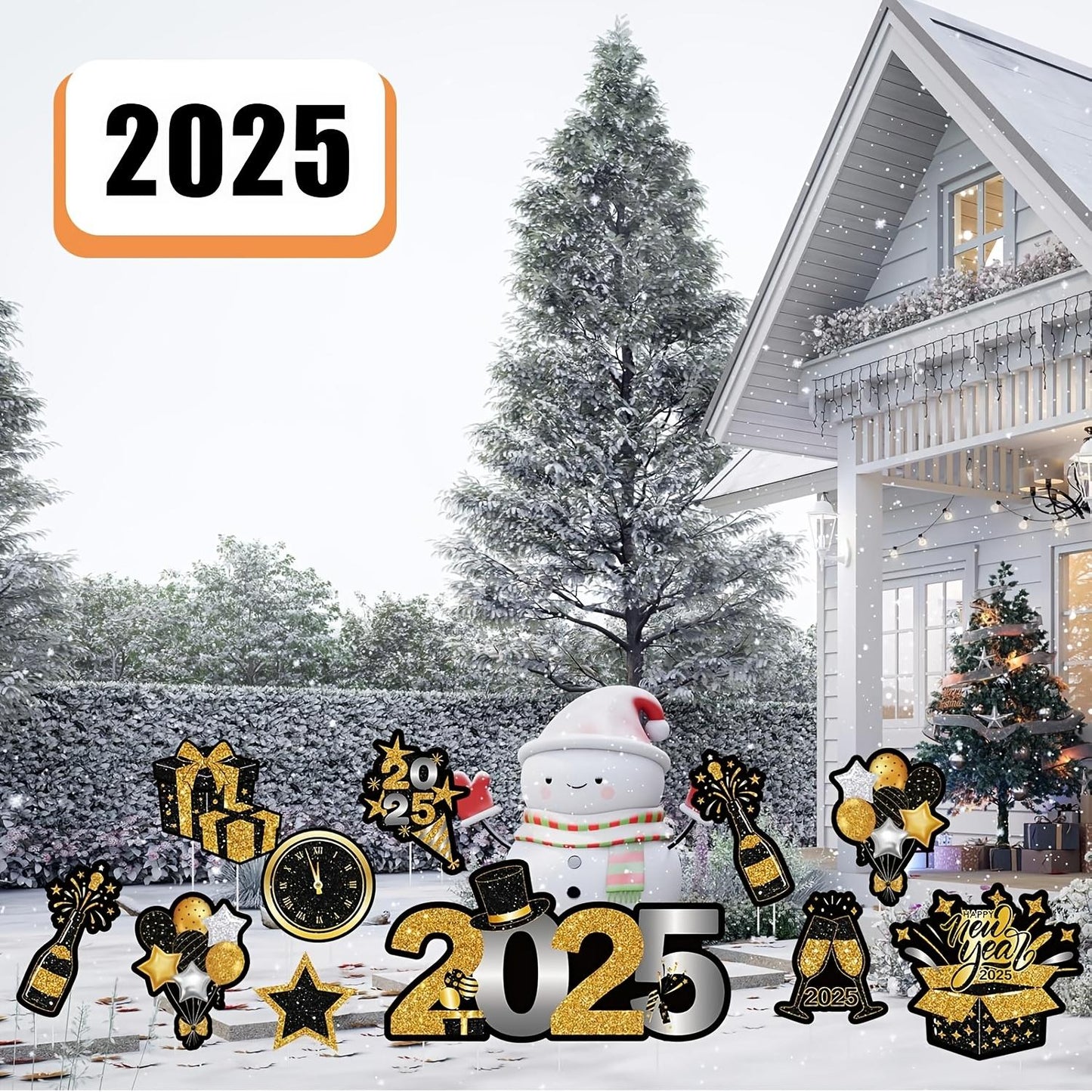 12-Pack 2025 Happy New Year Yard Signs, Golden and Black Plastic Outdoor Decorations with Stakes, No-Electricity Festive Lawn Decor for New Year'S Celebration