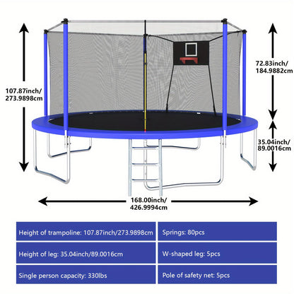 14 FT Outdoor Trampoline Mersco for 3-5 Adults and Kids with Basketball Hoop, Ladder, Enclosure Net, Storage Bag, Blue