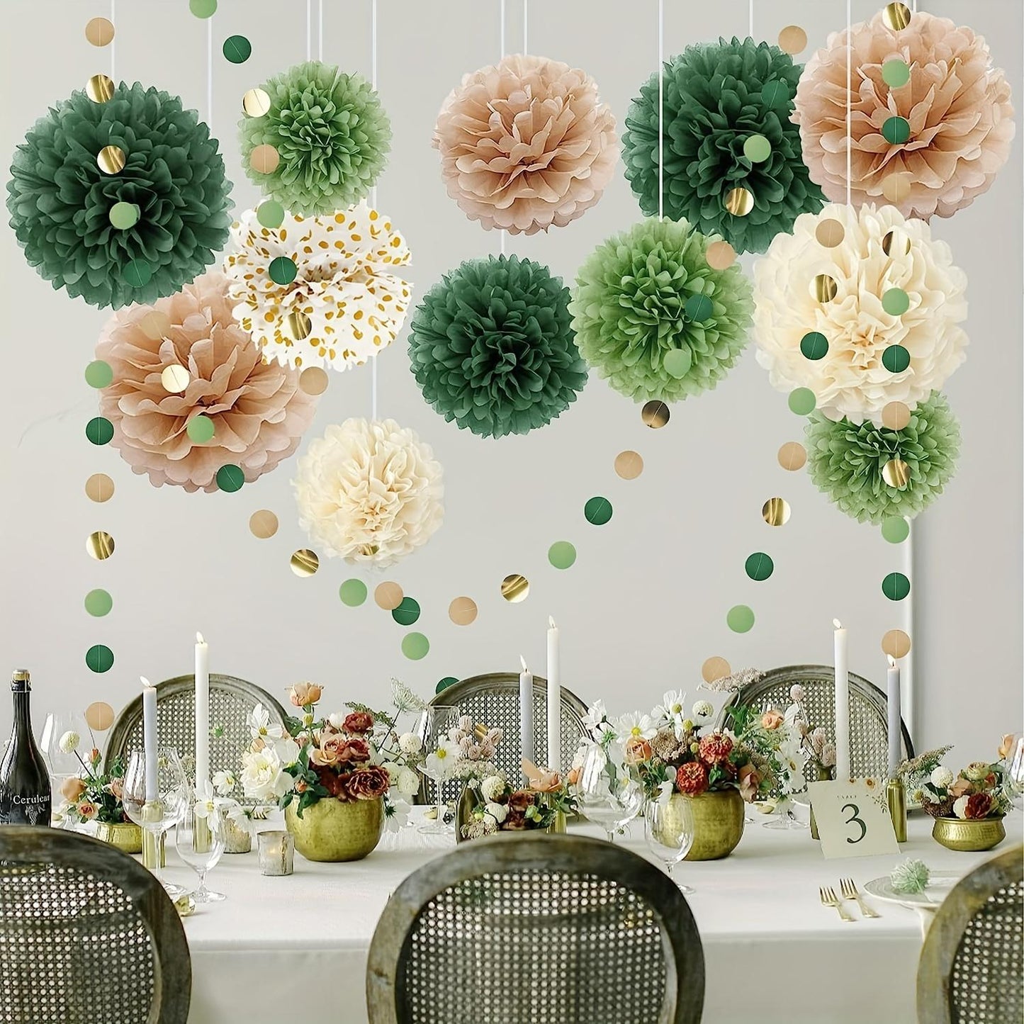 15pcs, Green Tissue Paper Pom Poms Wedding Party Decorations Kit Dots Paper Garland String Hanging Backdrop For Engagement, Rustic Wedding, Neutral Baby Shower