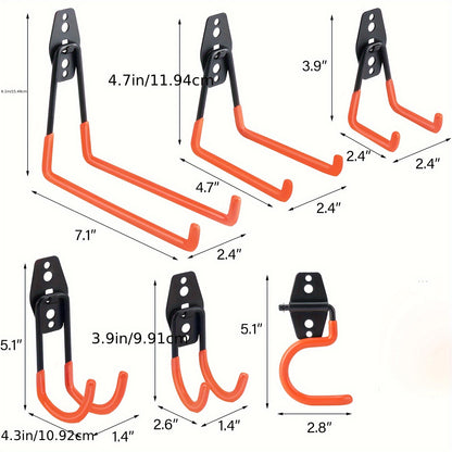 16-Pack Heavy Duty Double Layer Garage Hooks with Utility Mop Broom Holder, Wall Hooks, Garage Storage Organization and Tool Hanger for Power and Gardening Tools, Ladders, Bicycles (Orange)