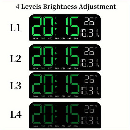 1pc 9 Inch Large Digital Wall Clock with Auto Dimmable 4 Levels Manual Brightness Adjustment, Temperature, Date, Week, Timing Countdown, 2 Alarm, 12/24H LED Display for Home Room Living Room Office Decor (No Battery)